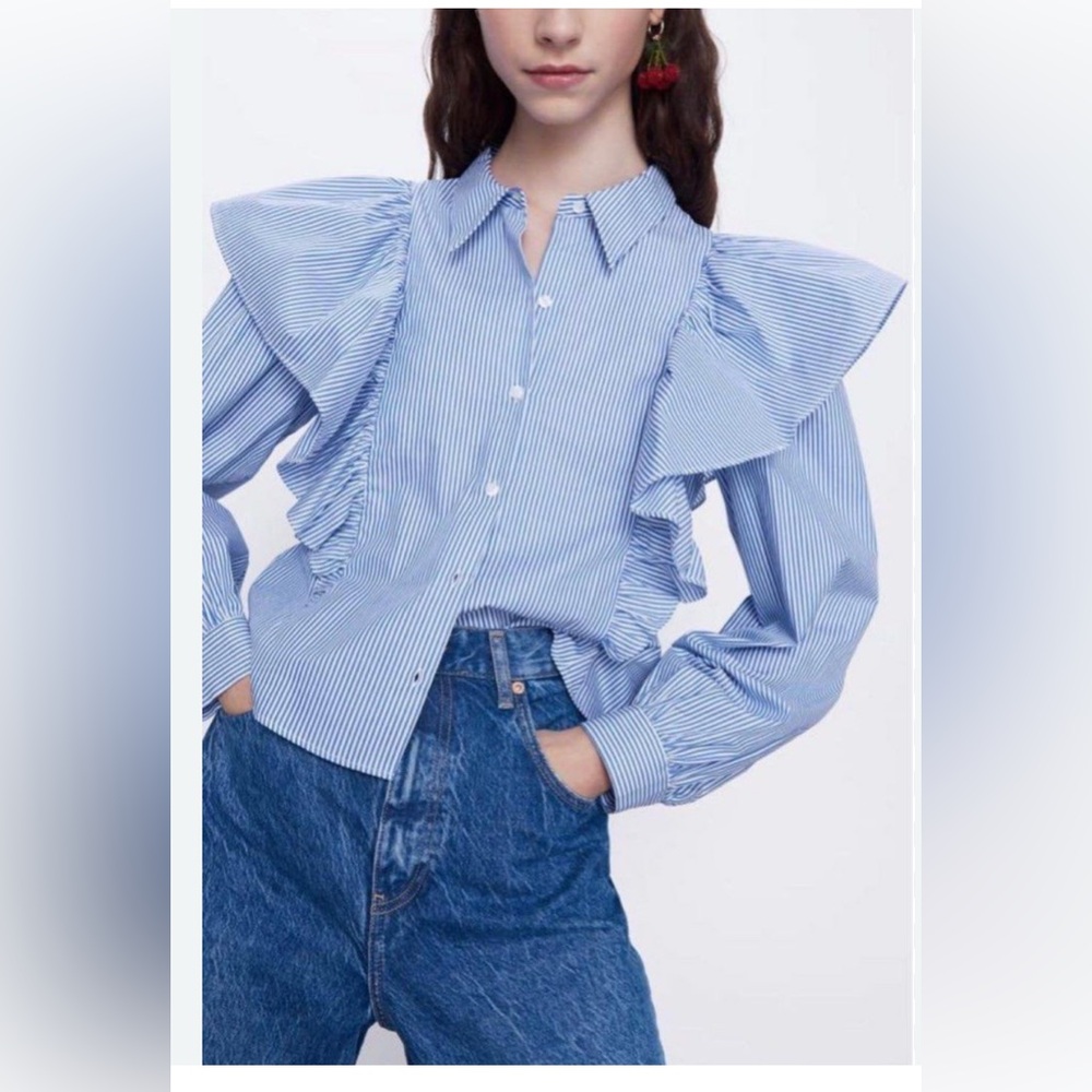 Zara Striped Ruffled Blouse - Picture 4 of 12